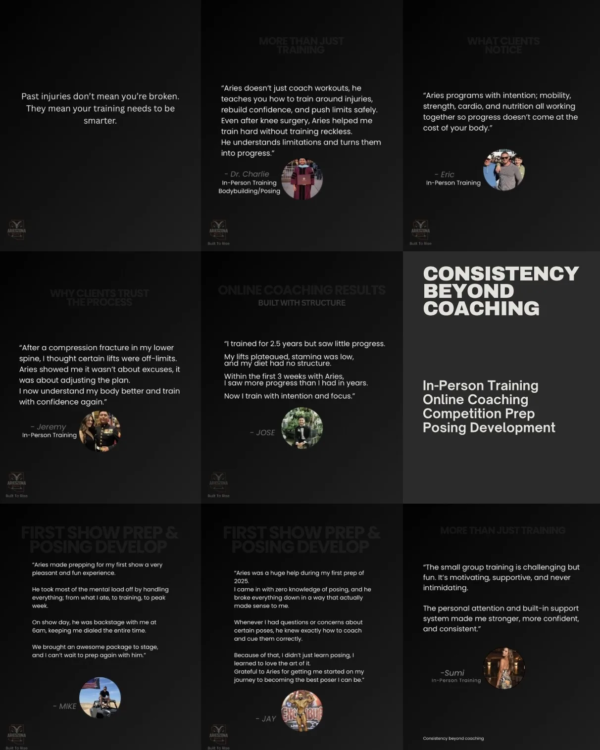 AZ BUILT Athletics client testimonials collage, part one